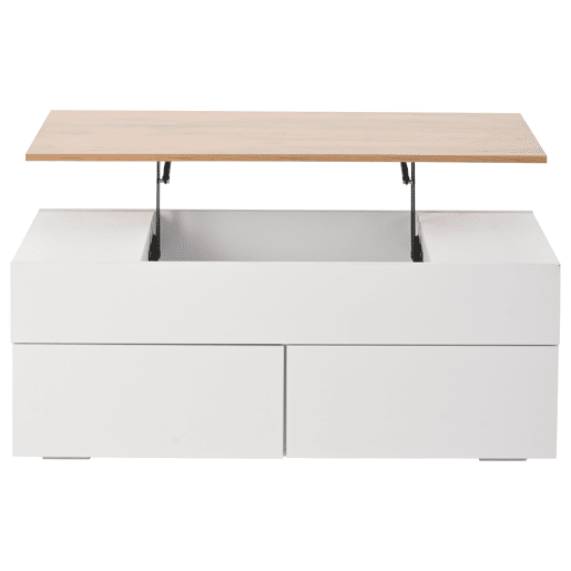 Mesa de centro 100x50x40 cm - Mesa de centro elevável com arrumação oculta e 2 gavetas - Branco + Madeira