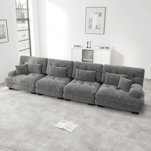 Sofá modular de 4 lugares - Sofá-cama de chenille com assento profundo - Cinza