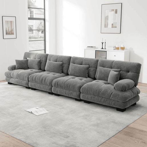 Sofá modular de 4 lugares - Sofá-cama de chenille com assento profundo - Cinza