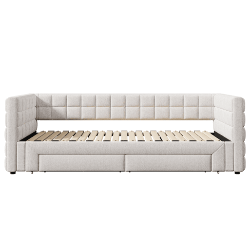 Daybett 90x200cm - Sofá-cama com encosto quadrado, cama extensível (até 180 tamanho Queen), 2 gavetas - Bege