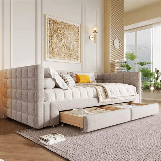 Daybett 90x200cm - Sofá-cama com encosto quadrado, cama extensível (até 180 tamanho Queen), 2 gavetas - Bege