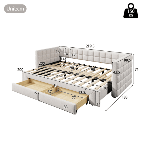 Daybett 90x200cm - Sofá-cama com encosto quadrado, cama extensível (até 180 tamanho Queen), 2 gavetas - Bege
