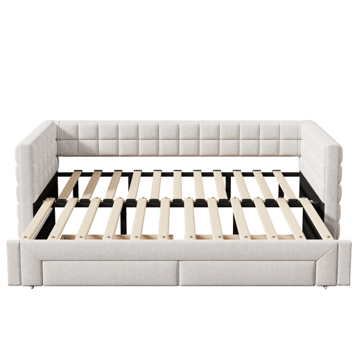 Daybett 90x200cm - Sofá-cama com encosto quadrado, cama extensível (até 180 tamanho Queen), 2 gavetas - Bege
