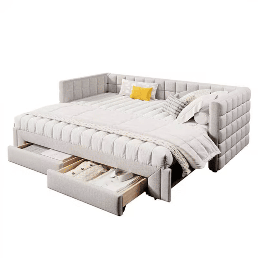 Daybett 90x200cm - Sofá-cama com encosto quadrado, cama extensível (até 180 tamanho Queen), 2 gavetas - Bege
