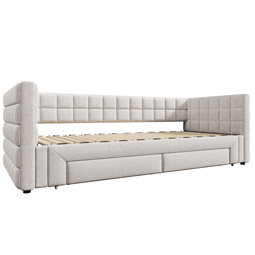 Daybett 90x200cm - Sofá-cama com encosto quadrado, cama extensível (até 180 tamanho Queen), 2 gavetas - Bege