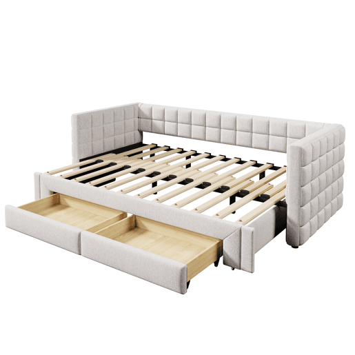 Daybett 90x200cm - Sofá-cama com encosto quadrado, cama extensível (até 180 tamanho Queen), 2 gavetas - Bege