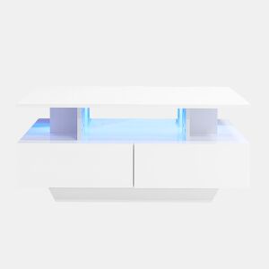 Mesa de centro moderna 90x55x41 cm - Com LED, 2 gavetas, design elegante - Branco