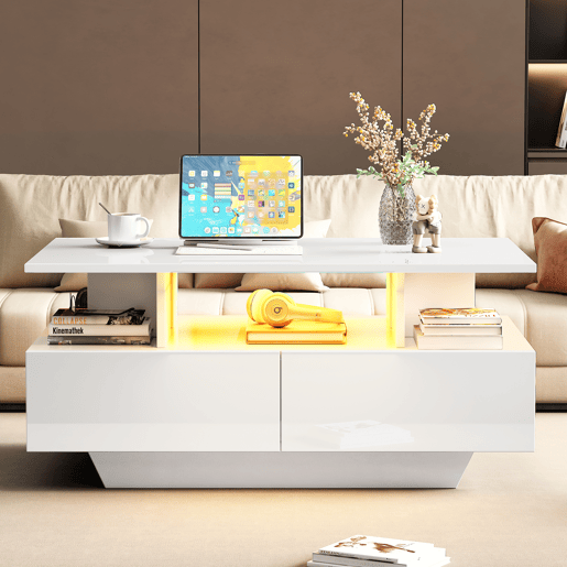 Mesa de centro moderna 90x55x41 cm - Com LED, 2 gavetas, design elegante - Branco