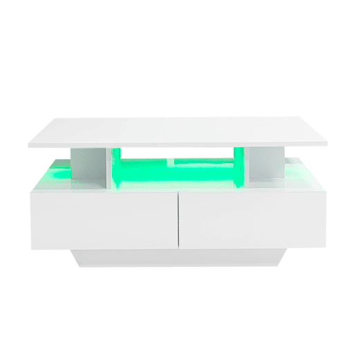 Mesa de centro moderna 90x55x41 cm - Com LED, 2 gavetas, design elegante - Branco