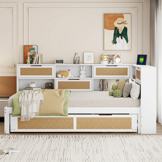 Sofá-cama em madeira 90*200 cm - Com cama extraível, compartimentos de arrumação e porta de carregamento - Branco
