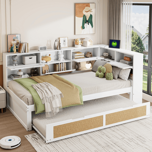Sofá-cama em madeira 90*200 cm - Com cama extraível, compartimentos de arrumação e porta de carregamento - Branco