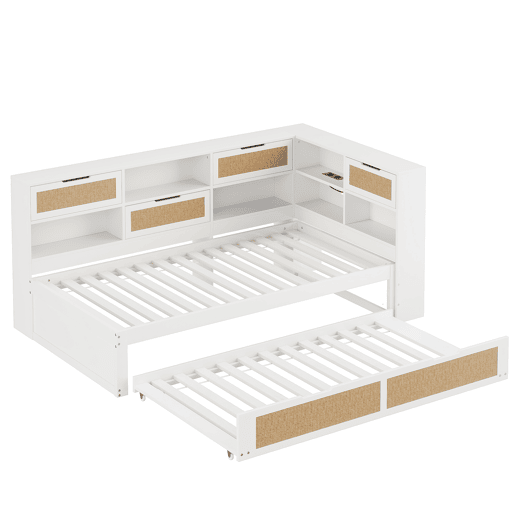 Sofá-cama em madeira 90*200 cm - Com cama extraível, compartimentos de arrumação e porta de carregamento - Branco