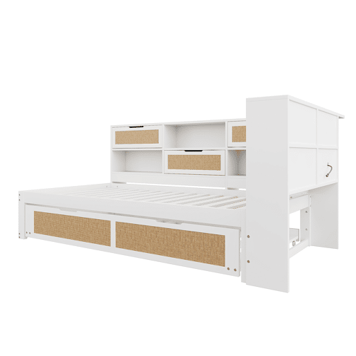 Sofá-cama em madeira 90*200 cm - Com cama extraível, compartimentos de arrumação e porta de carregamento - Branco