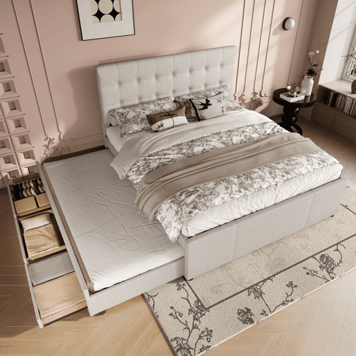 Cama estofada 140x200cm - Cama de casal, com três gavetas, cama extensível, cabeceira ajustável, sem colchão - Bege