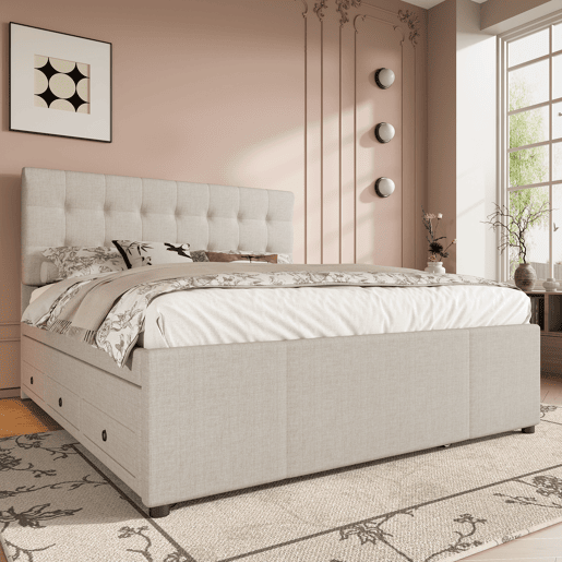 Cama estofada 140x200cm - Cama de casal, com três gavetas, cama extensível, cabeceira ajustável, sem colchão - Bege