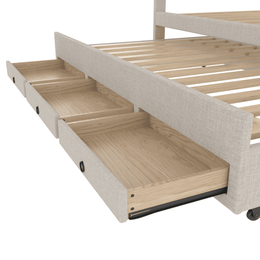 Cama estofada 140x200cm - Cama de casal, com três gavetas, cama extensível, cabeceira ajustável, sem colchão - Bege