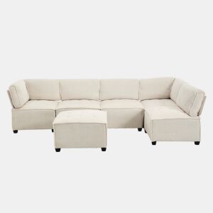 Sofá modular de 6 lugares, 308 cm - Ergonómico, com bolsos de arrumação, convertível em ULsofá-cama, estrutura em madeira e metal, fácil montagem - Bege