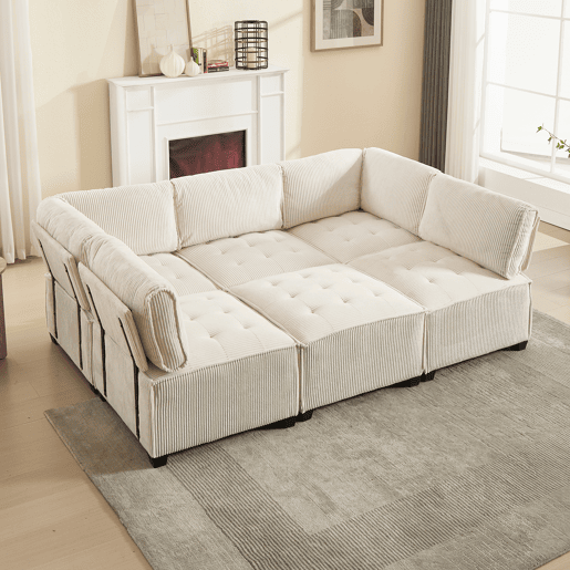 Sofá modular de 6 lugares, 308 cm - Ergonómico, com bolsos de arrumação, convertível em ULsofá-cama, estrutura em madeira e metal, fácil montagem - Bege
