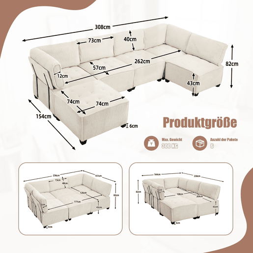 Sofá modular de 6 lugares, 308 cm - Ergonómico, com bolsos de arrumação, convertível em ULsofá-cama, estrutura em madeira e metal, fácil montagem - Bege