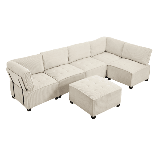 Sofá modular de 6 lugares, 308 cm - Ergonómico, com bolsos de arrumação, convertível em ULsofá-cama, estrutura em madeira e metal, fácil montagem - Bege