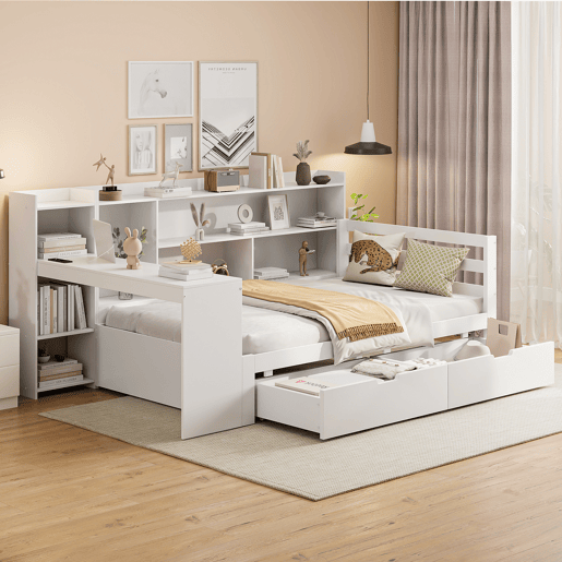 Sofá-cama 90 x 200 cm - Com secretária, estante, compartimentos e tomada - Branco