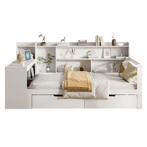 Sofá-cama 90 x 200 cm - Com secretária, estante, compartimentos e tomada - Branco