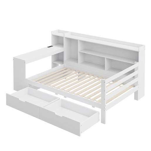 Sofá-cama 90 x 200 cm - Com secretária, estante, compartimentos e tomada - Branco