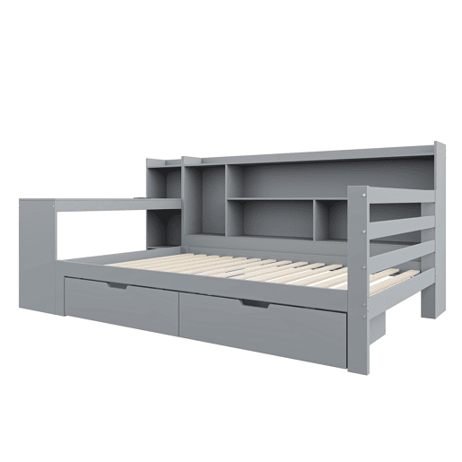 Sofá-cama 90 x 200 cm - Com secretária, estante, compartimentos e tomada elétrica - Cinza