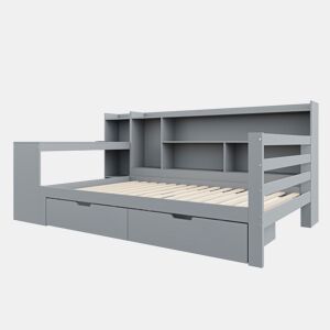 Sofá-cama 90 x 200 cm - Com secretária, estante, compartimentos e tomada elétrica - Cinza