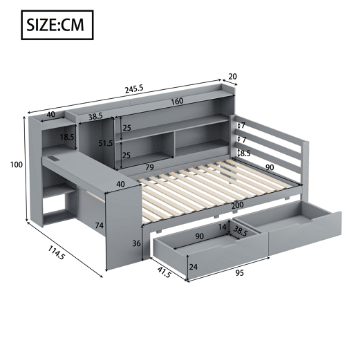 Sofá-cama 90 x 200 cm - Com secretária, estante, compartimentos e tomada elétrica - Cinza