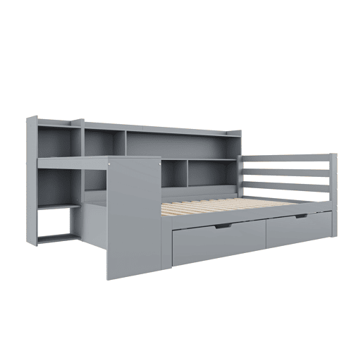 Sofá-cama 90 x 200 cm - Com secretária, estante, compartimentos e tomada elétrica - Cinza