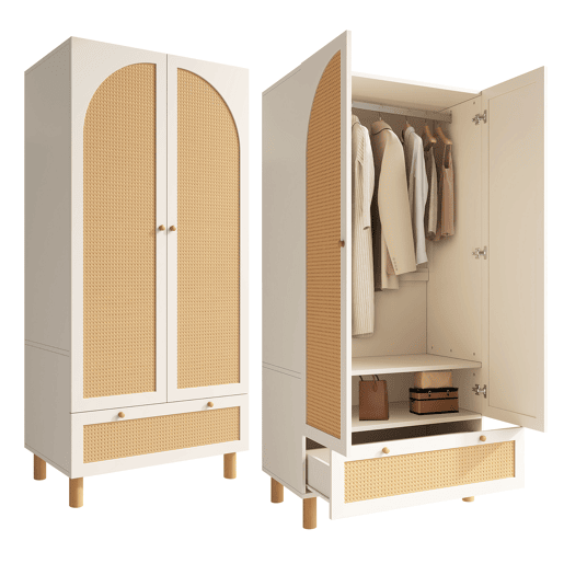 Roupeiro de madeira maciça com 2 portas batentes e 1 gaveta,branco+natural