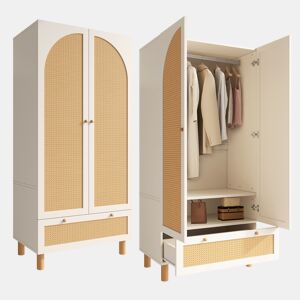 Roupeiro de madeira maciça com 2 portas batentes e 1 gaveta,branco+natural