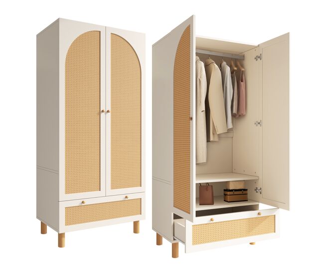 Armario de madera maciza con 2 puertas batientes y 1 cajón,blanco+natural