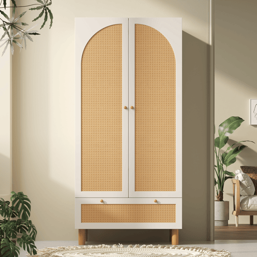 Roupeiro de madeira maciça com 2 portas batentes e 1 gaveta,branco+natural