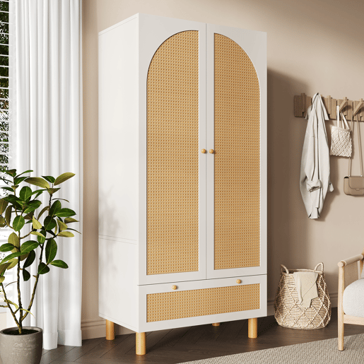Roupeiro de madeira maciça com 2 portas batentes e 1 gaveta,branco+natural