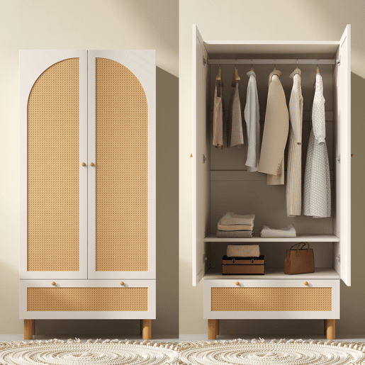Roupeiro de madeira maciça com 2 portas batentes e 1 gaveta,branco+natural