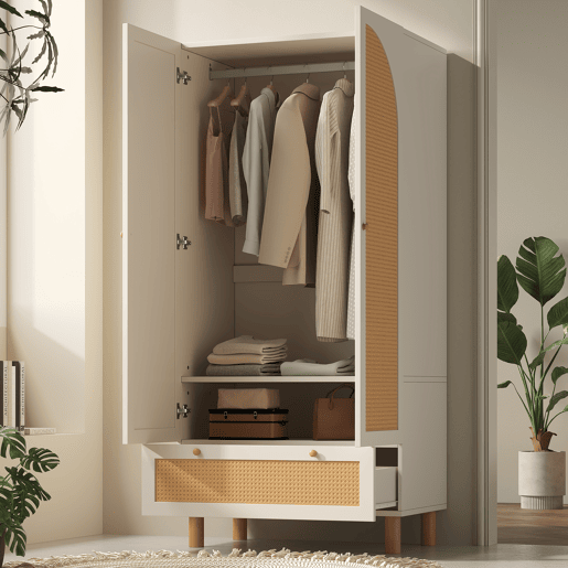 Roupeiro de madeira maciça com 2 portas batentes e 1 gaveta,branco+natural
