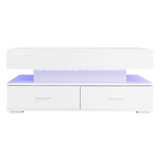 Mesa de centro hidráulica 100x50x44 cm - com LED, controlo por aplicação Bluetooth, 2 gavetas e arrumação aberta - Branco