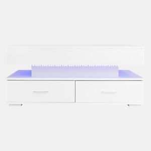 Mesa de centro hidráulica 100x50x44 cm - com LED, controlo por aplicação Bluetooth, 2 gavetas e arrumação aberta - Branco