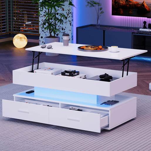 Mesa de centro hidráulica 100x50x44 cm - com LED, controlo por aplicação Bluetooth, 2 gavetas e arrumação aberta - Branco