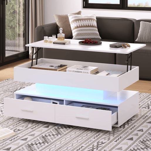 Mesa de centro hidráulica 100x50x44 cm - com LED, controlo por aplicação Bluetooth, 2 gavetas e arrumação aberta - Branco