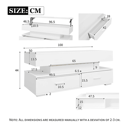 Mesa de centro hidráulica 100x50x44 cm - com LED, controlo por aplicação Bluetooth, 2 gavetas e arrumação aberta - Branco