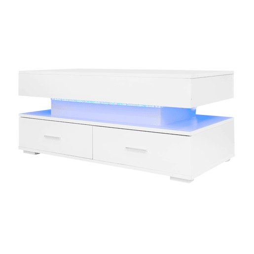 Mesa de centro hidráulica 100x50x44 cm - com LED, controlo por aplicação Bluetooth, 2 gavetas e arrumação aberta - Branco