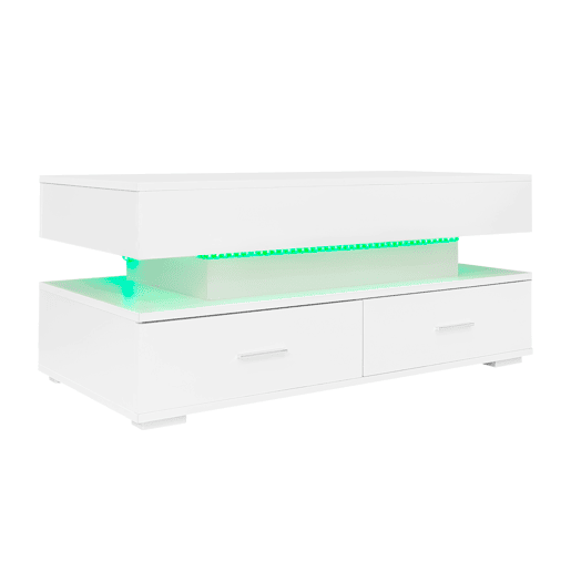 Mesa de centro hidráulica 100x50x44 cm - com LED, controlo por aplicação Bluetooth, 2 gavetas e arrumação aberta - Branco