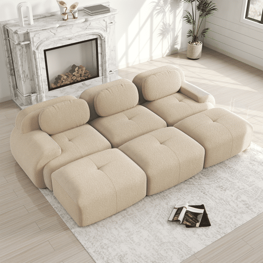 Sofá modular de 3 lugares com 3 pufes - Montagem sem necessidade, adequado para animais de estimação, braços ultra-refinados, estofamento altamente elástico 32D - Bege
