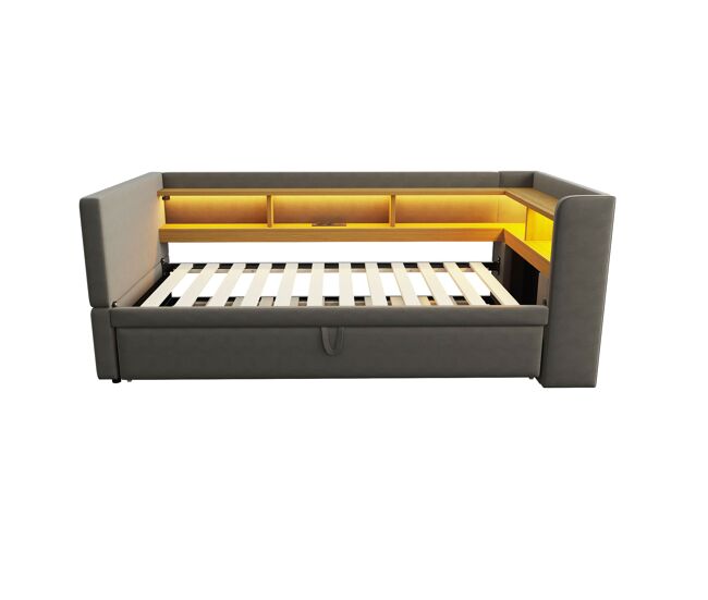 Sofá cama extensible 90/180*190 cm - con luces led, enchufes y compartimentos de almacenamiento - gris oscuro