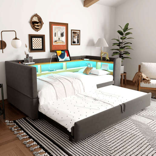 Sofá-cama extensível 90180*190 cm - com luzes LED, tomadas e compartimentos de arrumação - Cinza escuro