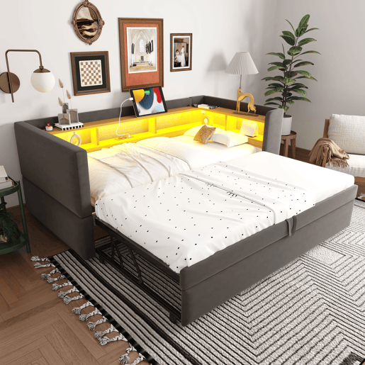 Sofá-cama extensível 90180*190 cm - com luzes LED, tomadas e compartimentos de arrumação - Cinza escuro