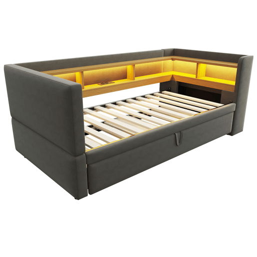 Sofá-cama extensível 90180*190 cm - com luzes LED, tomadas e compartimentos de arrumação - Cinza escuro